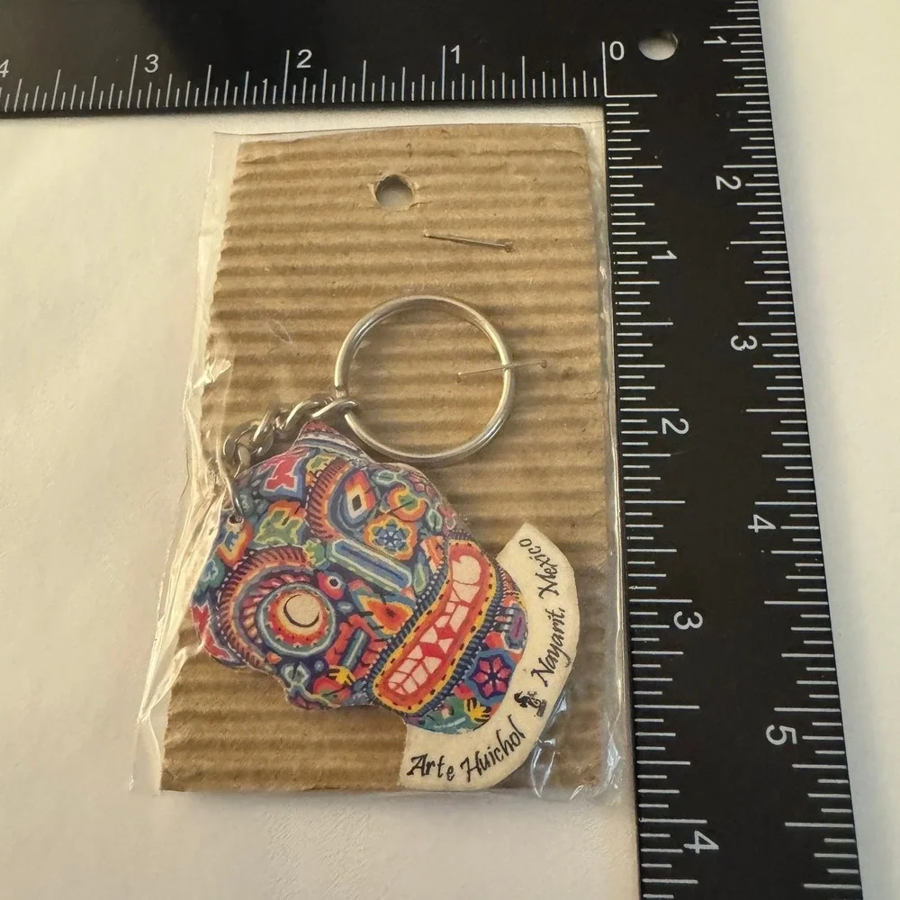 Arte Huichol Sugar Skull Keychain Colorful Mexico‎ Folk Art Keyring